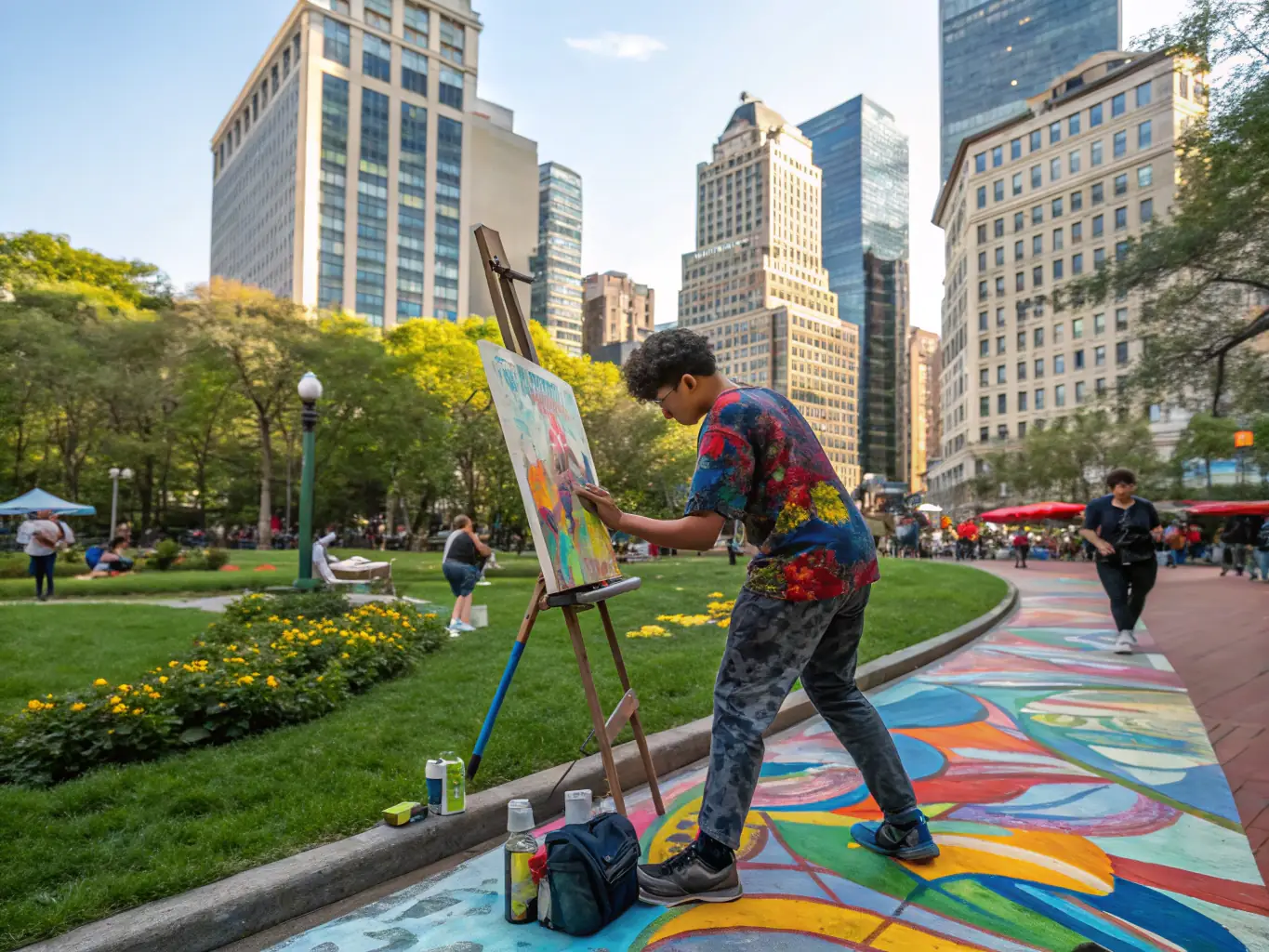 A vibrant photograph capturing a group of artists collaborating on a mural project in a community space, showcasing the energy and creativity fostered by DIVIN's programs.