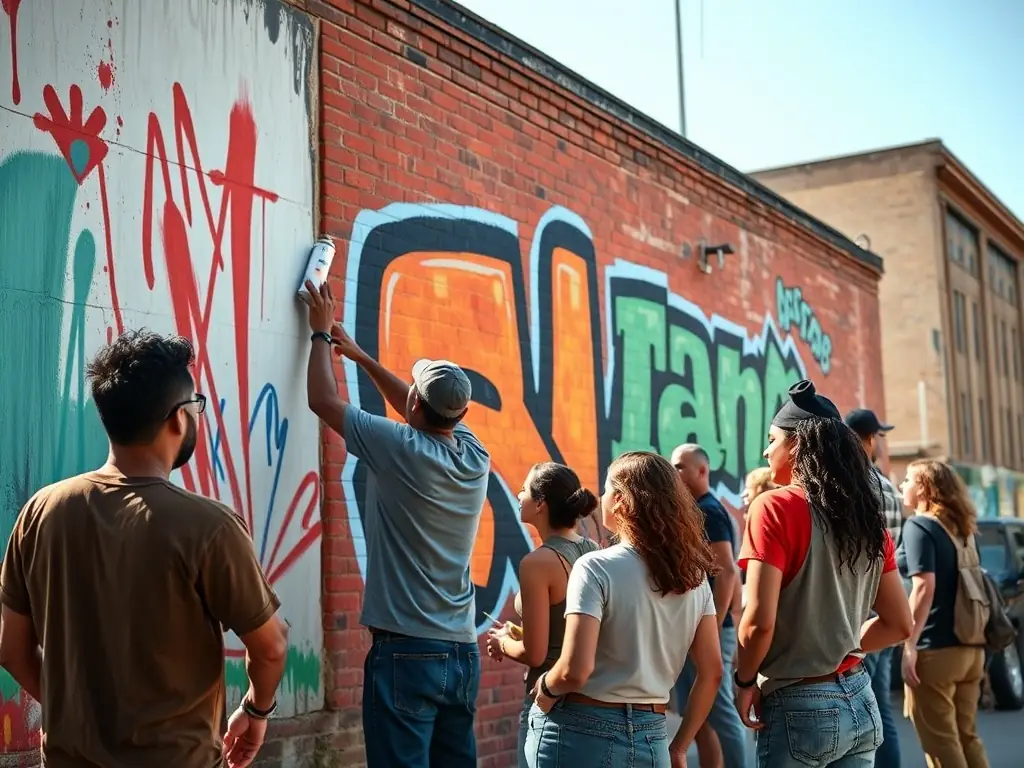 A dynamic image showcasing a diverse group of artists collaborating on a mural in a community space, reflecting DIVIN's commitment to fostering creativity and community engagement.