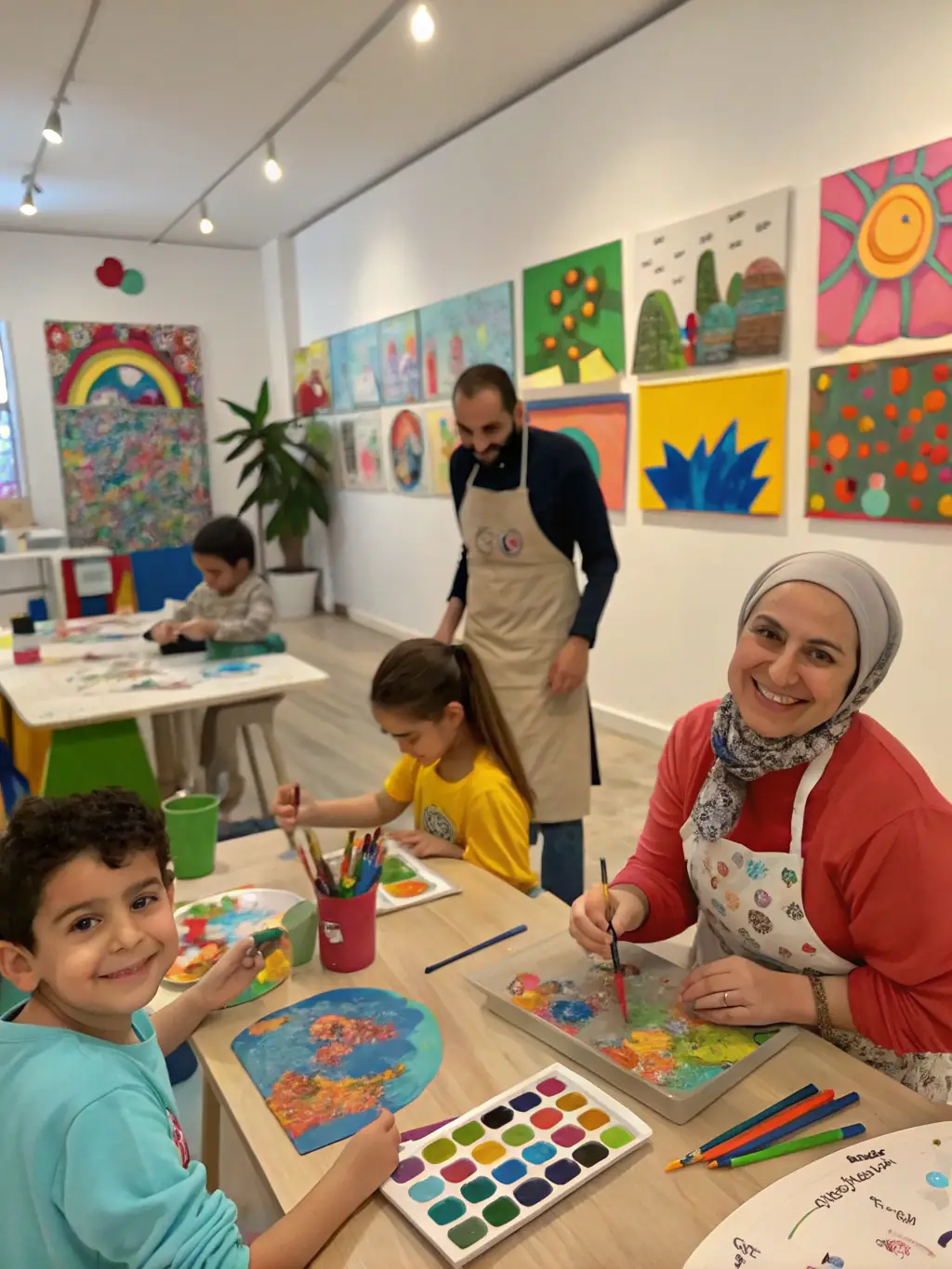 A dynamic image of a community arts workshop facilitated by DIVIN, featuring participants of all ages engaged in painting and creative expression.