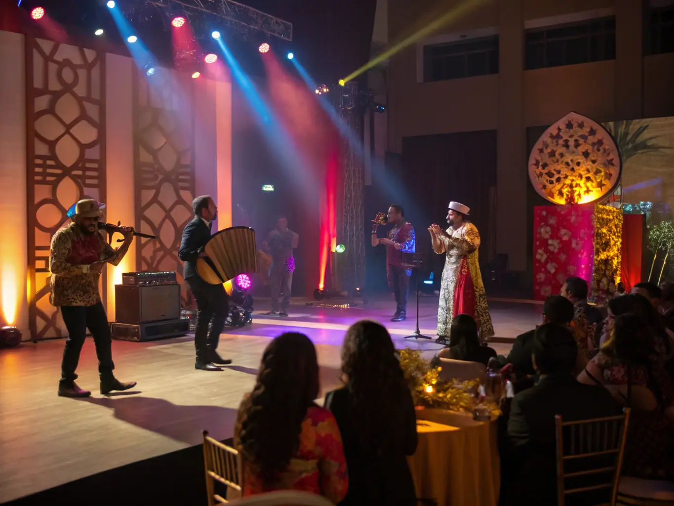 A lively scene from a DIVIN-organized cultural event, featuring musicians, dancers, and attendees enjoying the performance in a public square.