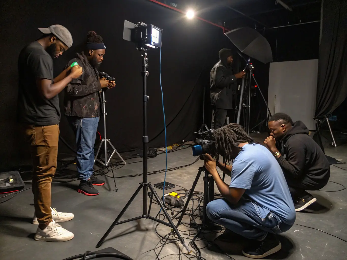A photograph of artists utilizing professional equipment provided by DIVIN, demonstrating the organization's commitment to supporting artists with the resources they need to succeed.