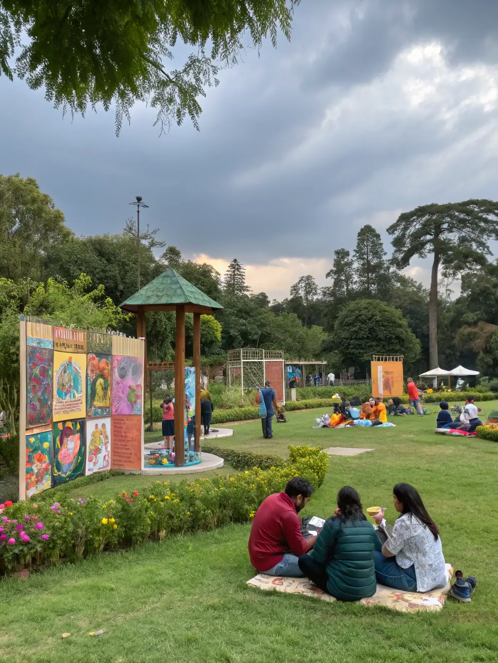 A photograph of a cultural festival organized by DIVIN, showing diverse performances, food stalls, and community members enjoying the event in a public space.